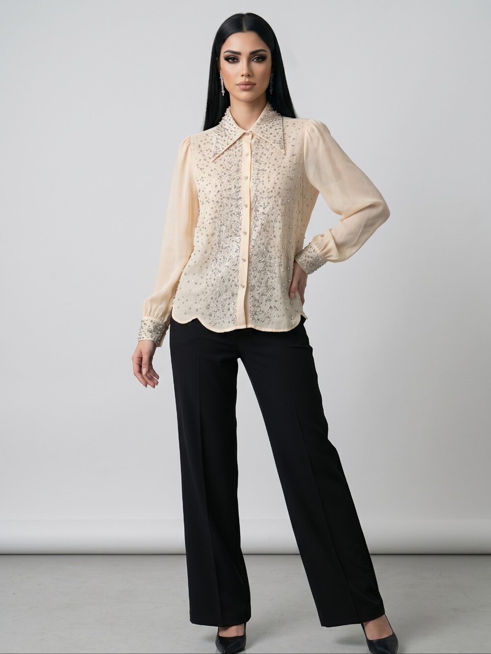Embellished Cream Beaded Button-Up Blouse